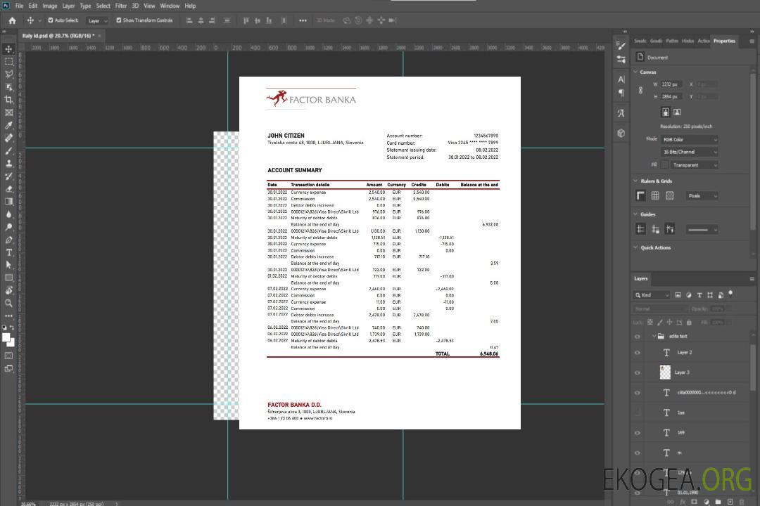 Relevé bancaire de Slovénie Factor Banka xls template